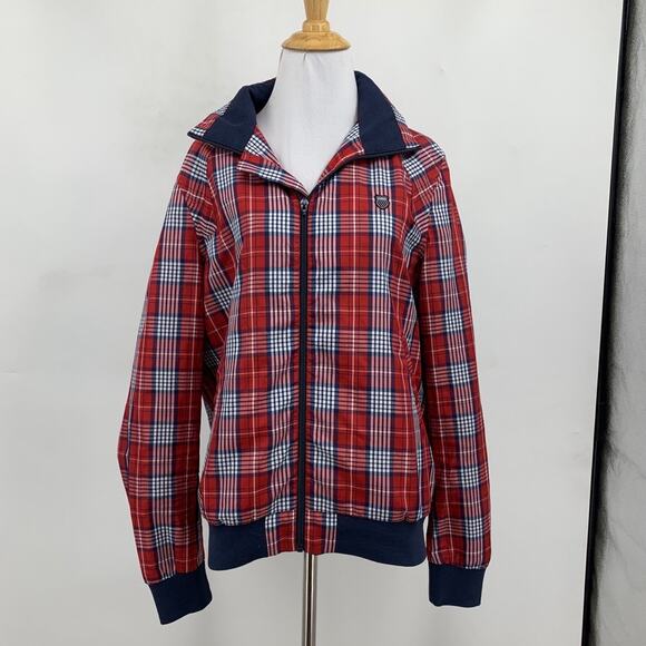 K-Swiss Jacket Mens S Small Red Plaid Full Zip Mesh Lined Hidden Hoodie Bomber - Picture 2 of 13